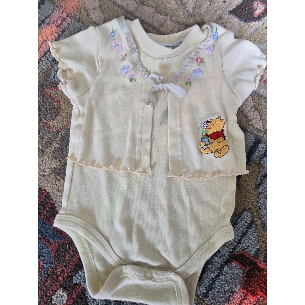 VTG Pooh Girl One Piece With Attached Cardigan Rare 6-9mo Embroidered Ruffles